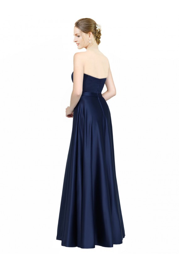Online Azul marina oscuro línea A Cuello de Corazón Satén elástico Largo Formales Vestidos de dama de honor / Vestidos de noche