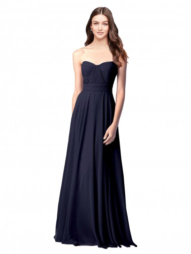 Online Azul marina oscuro línea A Cuello de Corazón Sin tirantes Gasa Largo Vestidos de dama de honor