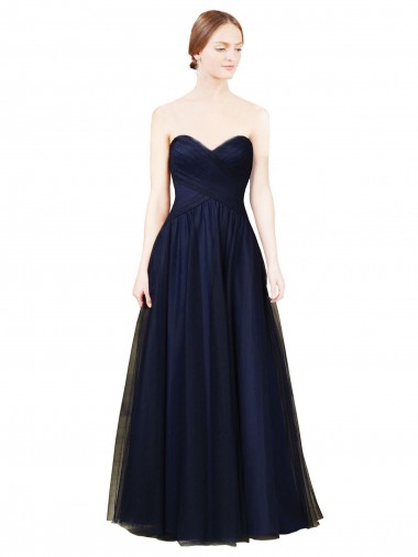 Online Azul marina oscuro línea A Cuello de Corazón Sin tirantes Tul Largo Vestidos de dama de honor