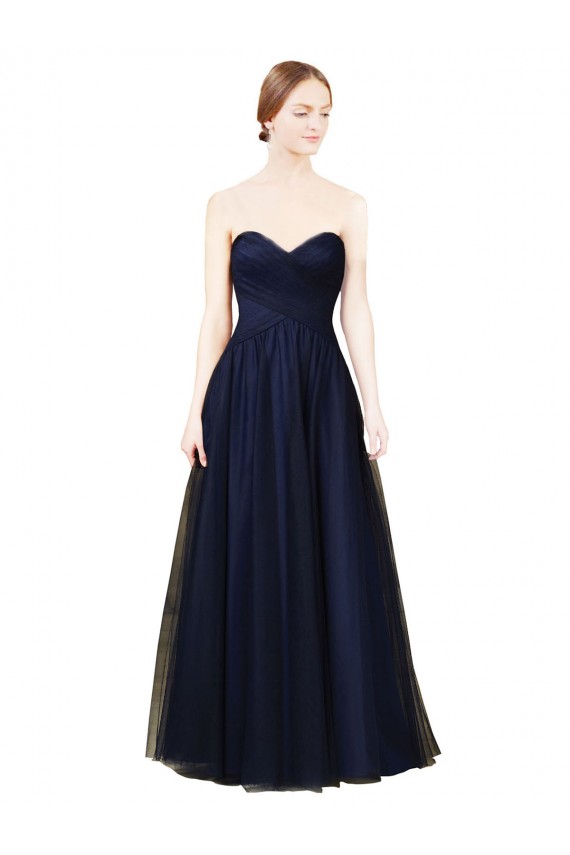 Online Azul marina oscuro línea A Cuello de Corazón Sin tirantes Tul Largo Vestidos de dama de honor