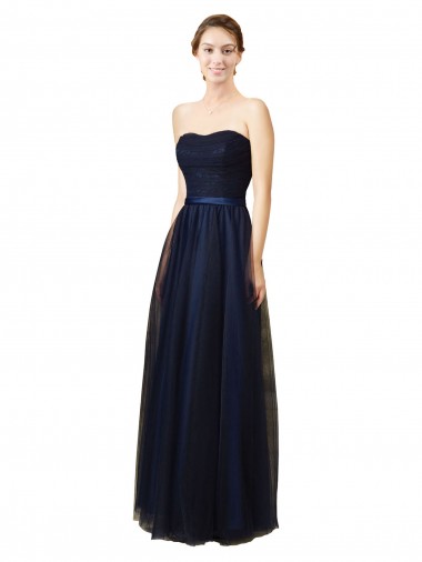 Online Azul marina oscuro línea A Cuello de Corazón Sin tirantes Tul Largo Vestidos de dama de honor