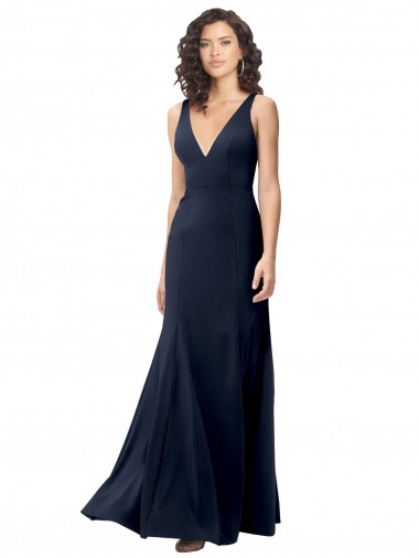 Online Azul marina oscuro línea A Cuello en V Cuello Alto Crepé Elástico Largo Formales Vestidos de dama de honor / Vestidos de fiesta