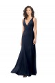 Online Azul marina oscuro línea A Cuello en V Cuello Alto Crepé Elástico Largo Formales Vestidos de dama de honor / Vestidos de fiesta