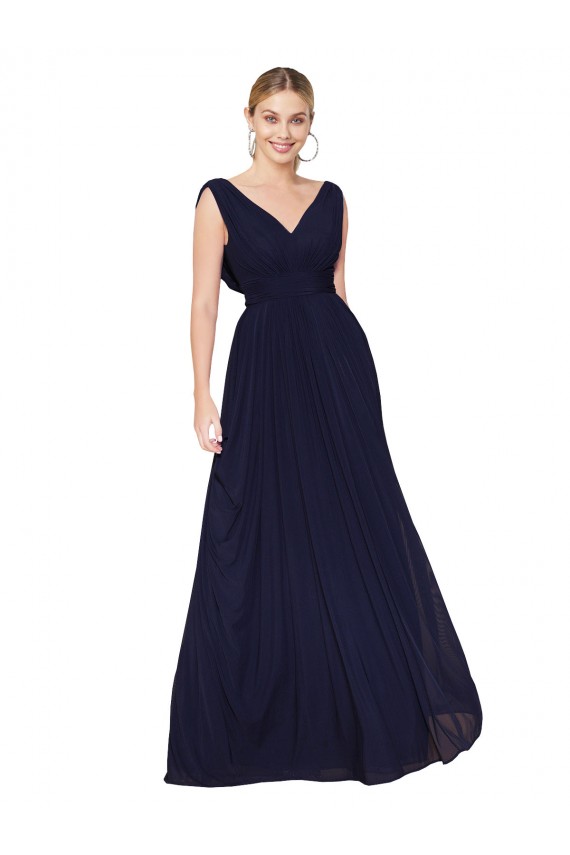 Online Azul marina oscuro línea A Cuello en V Cuello Alto Gasa Largo Formales Vestidos de dama de honor / Vestidos de fiesta