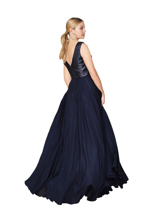 Online Azul marina oscuro línea A Cuello en V Cuello Alto Gasa Lentejuela Largo Vestidos de dama de honor / Vestidos de fiesta