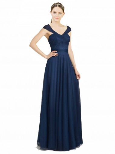 Online Azul marina oscuro línea A Cuello en V Cuello de Corazón Tul Largo Vestidos de dama de honor