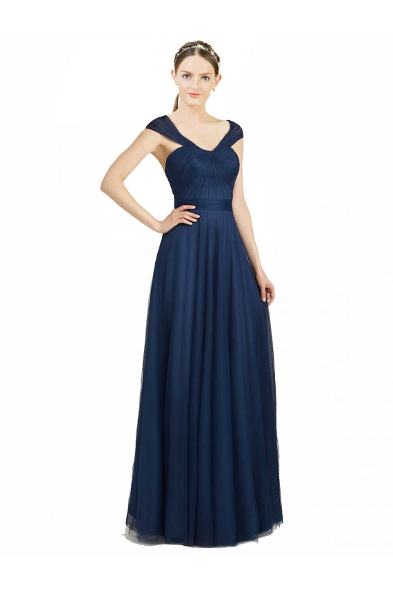 Online Azul marina oscuro línea A Cuello en V Cuello de Corazón Tul Largo Vestidos de dama de honor