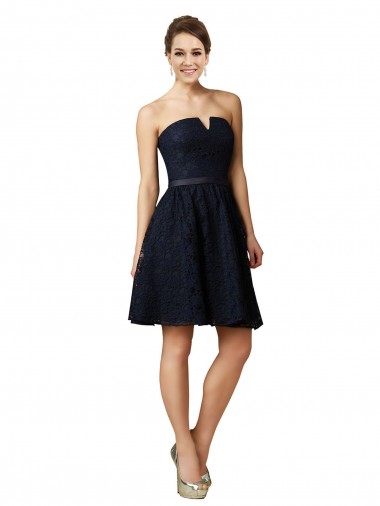 Online Azul marina oscuro línea A Cuello en V Encaje Corto Vestidos de dama de honor / Vestidos de cóctel