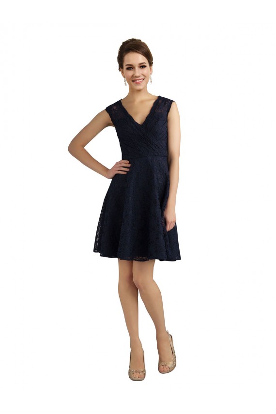 Online Azul marina oscuro línea A Cuello en V Encaje Corto Vestidos de dama de honor / Vestidos de cóctel