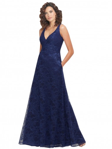 Online Azul marina oscuro línea A Cuello en V Encaje Largo Vestidos de dama de honor
