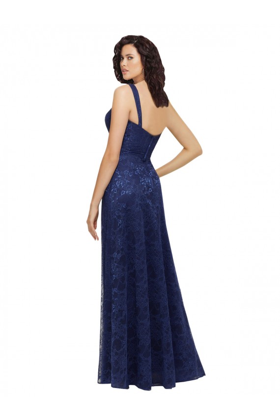 Online Azul marina oscuro línea A Cuello en V Encaje Largo Vestidos de dama de honor