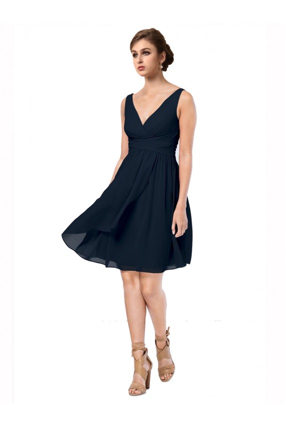 Online Azul marina oscuro línea A Cuello en V Gasa Corto Vestidos de dama de honor / Vestidos de cóctel