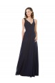 Online Azul marina oscuro línea A Cuello en V Gasa Encaje Largo Vestidos de dama de honor