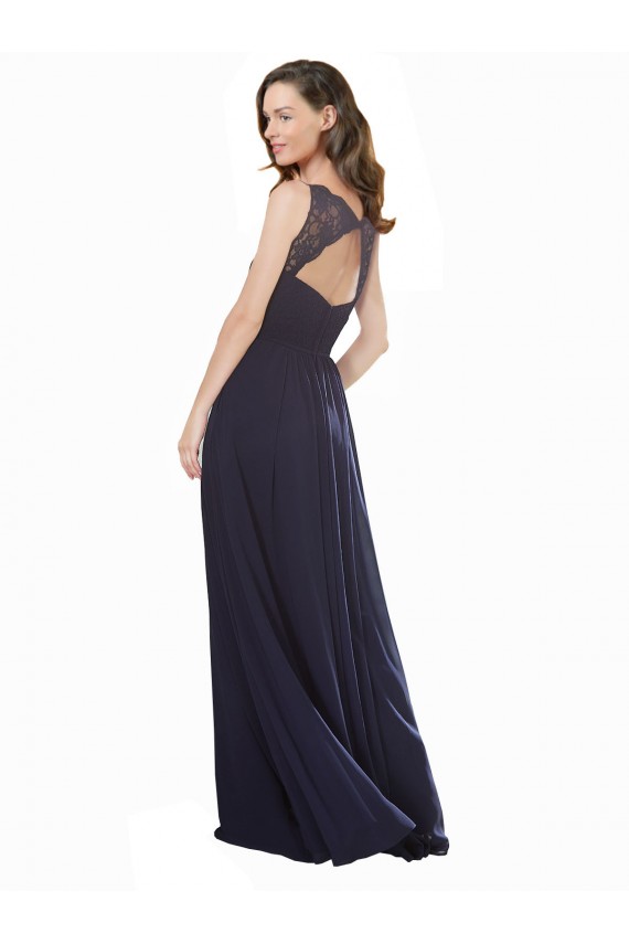 Online Azul marina oscuro línea A Cuello en V Gasa Encaje Largo Vestidos de dama de honor