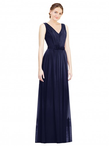 Online Azul marina oscuro línea A Cuello en V Gasa Largo Vestidos de dama de honor