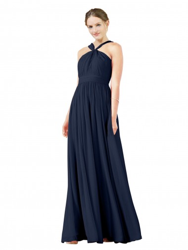 Online Azul marina oscuro línea A Cuello en V Gasa Largo Vestidos de dama de honor