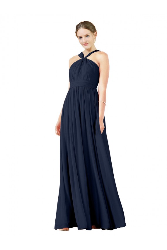 Online Azul marina oscuro línea A Cuello en V Gasa Largo Vestidos de dama de honor