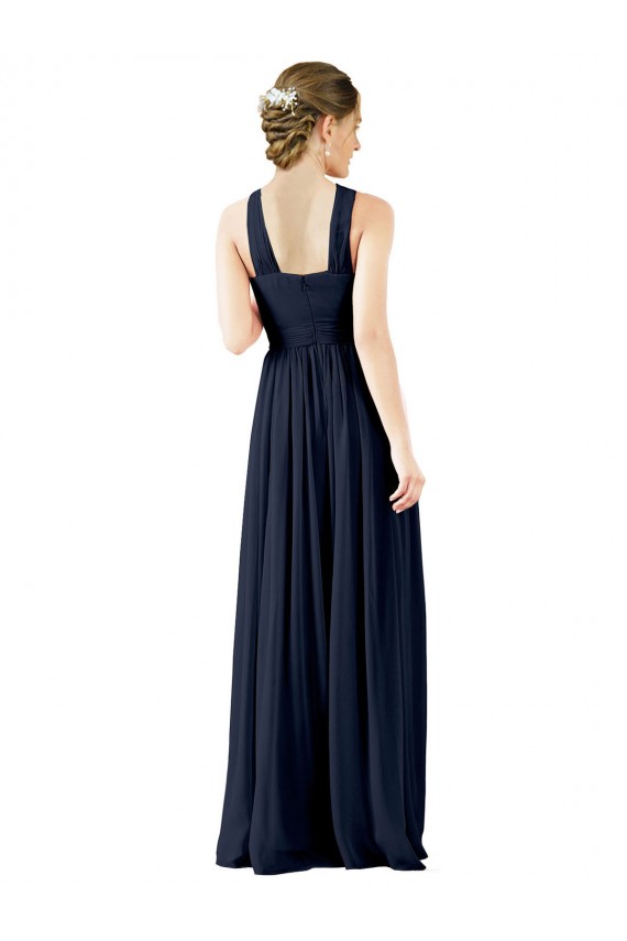Online Azul marina oscuro línea A Cuello en V Gasa Largo Vestidos de dama de honor