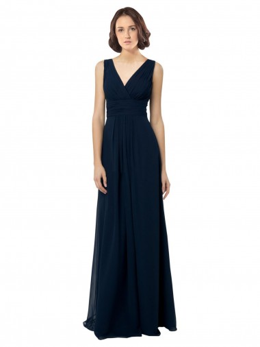 Online Azul marina oscuro línea A Cuello en V Gasa Largo Vestidos de dama de honor