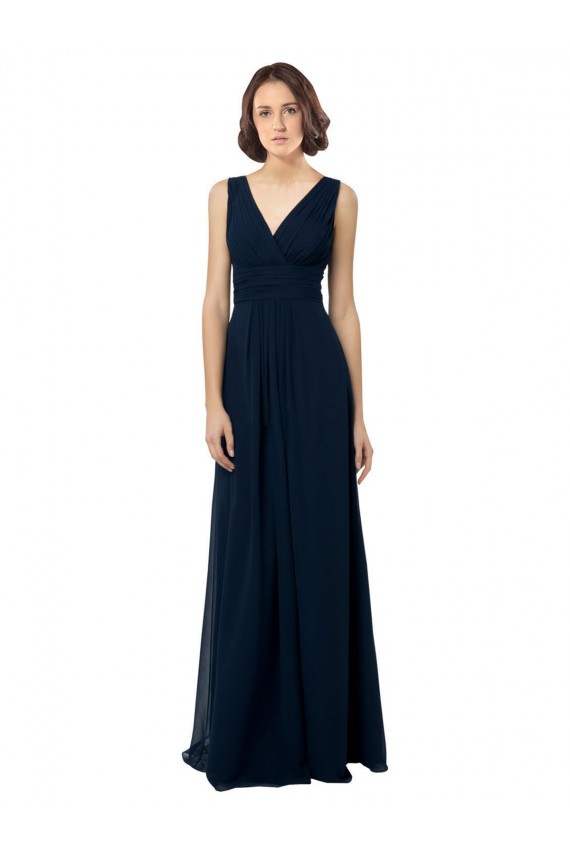 Online Azul marina oscuro línea A Cuello en V Gasa Largo Vestidos de dama de honor