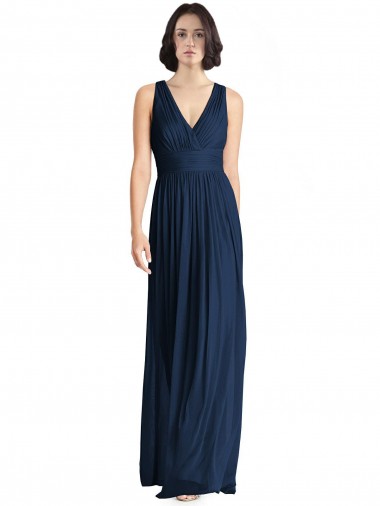 Online Azul marina oscuro línea A Cuello en V Gasa Largo Vestidos de dama de honor
