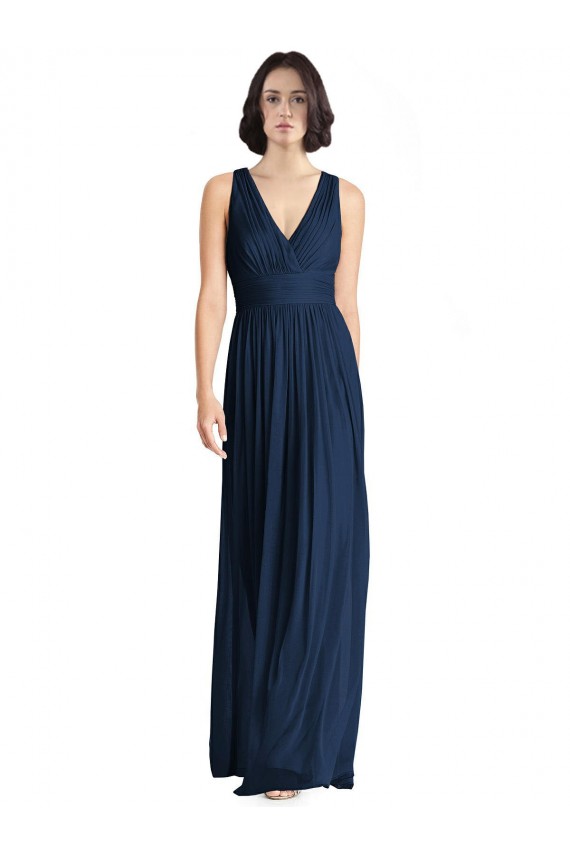 Online Azul marina oscuro línea A Cuello en V Gasa Largo Vestidos de dama de honor