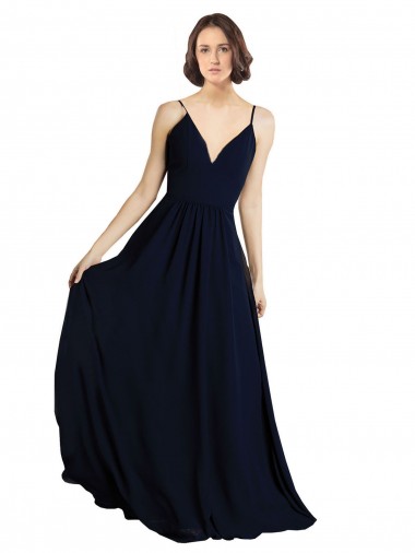 Online Azul marina oscuro línea A Cuello en V Gasa Largo Vestidos de dama de honor