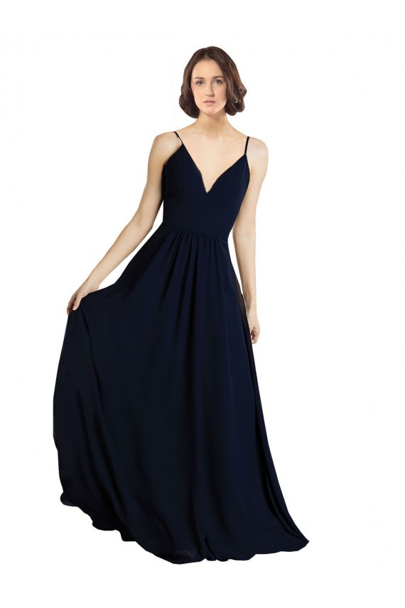 Online Azul marina oscuro línea A Cuello en V Gasa Largo Vestidos de dama de honor