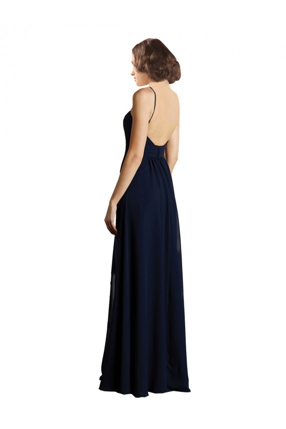 Online Azul marina oscuro línea A Cuello en V Gasa Largo Vestidos de dama de honor