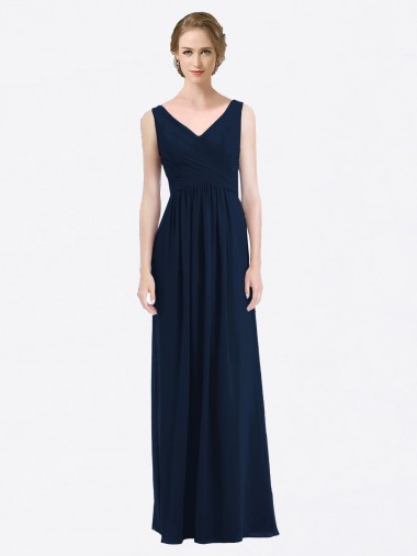 Online Azul marina oscuro línea A Cuello en V Gasa Largo Vestidos de dama de honor