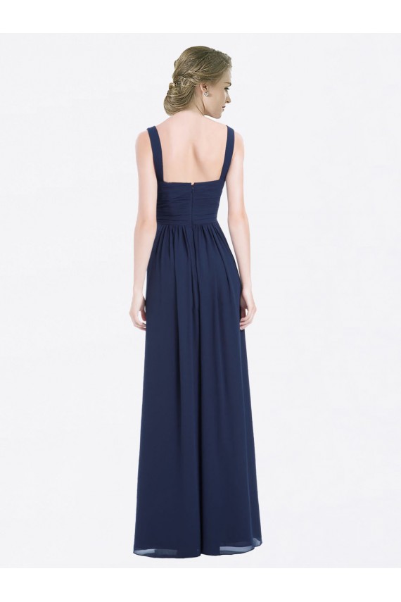 Online Azul marina oscuro línea A Cuello en V Gasa Largo Vestidos de dama de honor