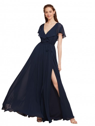 Online Azul marina oscuro línea A Cuello en V Gasa Largo Vestidos de dama de honor