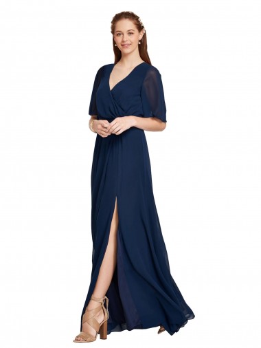 Online Azul marina oscuro línea A Cuello en V Gasa Largo Vestidos de dama de honor