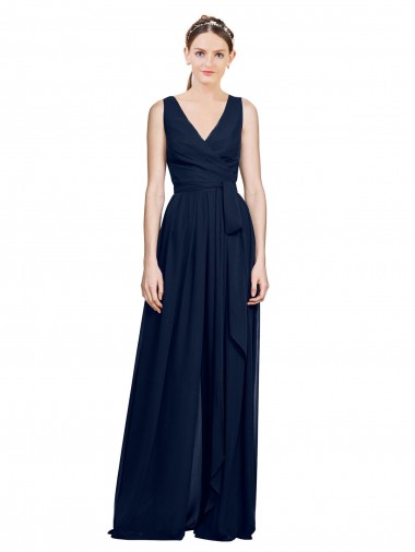 Online Azul marina oscuro línea A Cuello en V Gasa Largo Vestidos de dama de honor