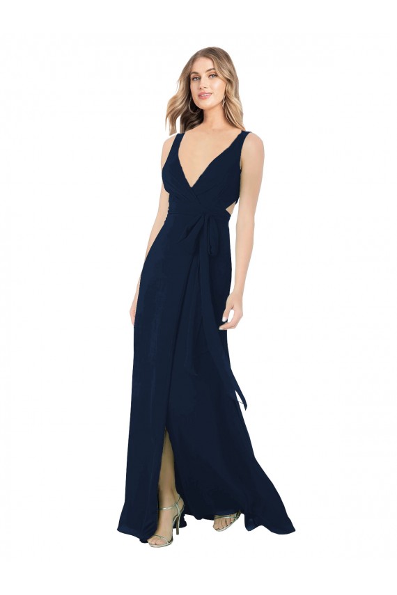 Online Azul marina oscuro línea A Cuello en V Gasa Largo Vestidos de dama de honor