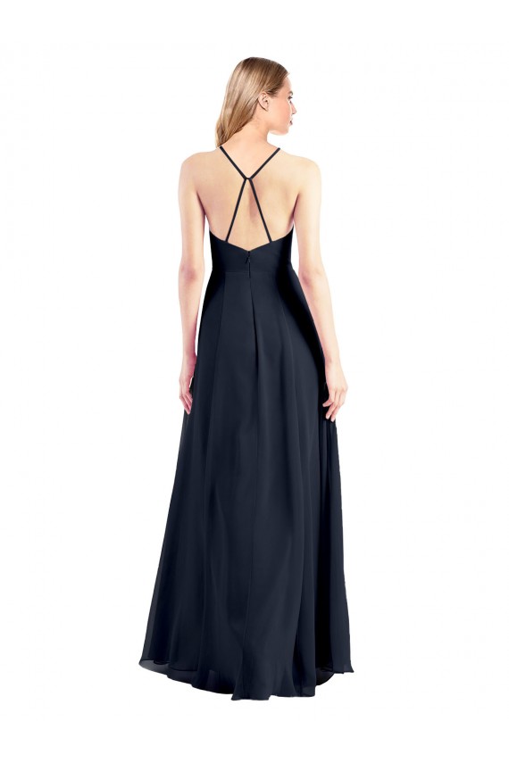 Online Azul marina oscuro línea A Cuello en V Gasa Largo Vestidos de dama de honor / Vestidos de fiesta