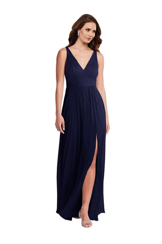 Online Azul marina oscuro línea A Cuello en V Gasa Largo Vestidos de dama de honor
