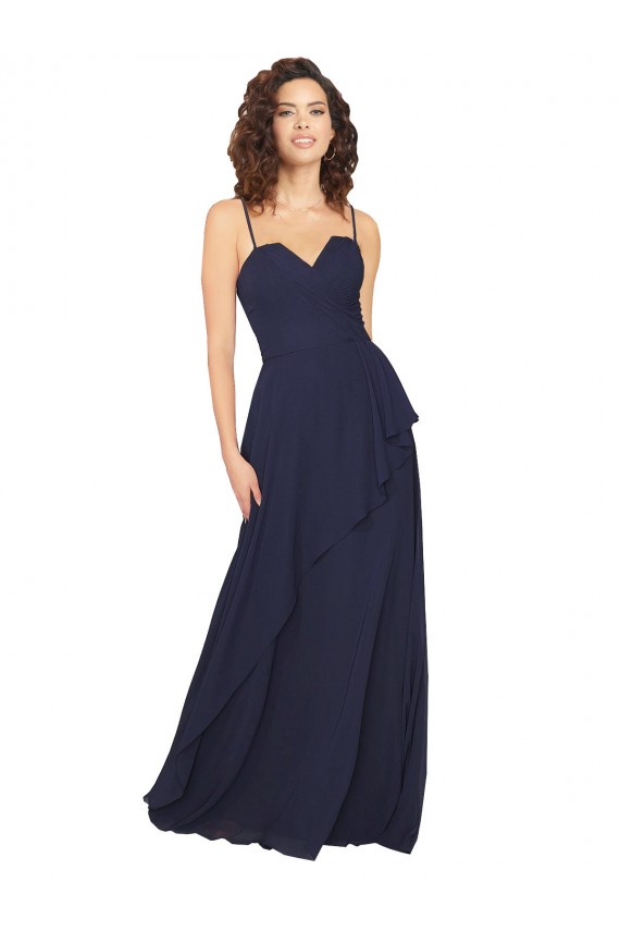 Online Azul marina oscuro línea A Cuello en V Gasa Largo Vestidos de dama de honor