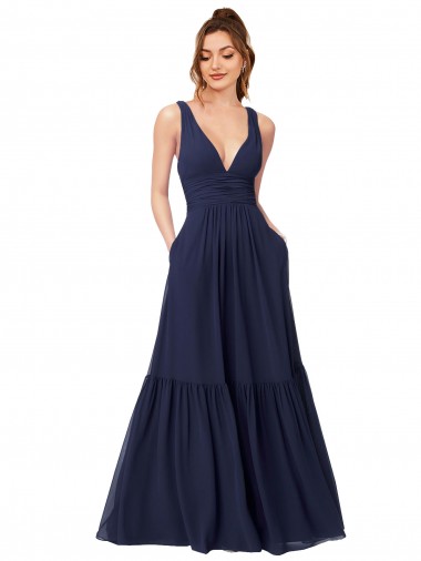Online Azul marina oscuro línea A Cuello en V Gasa Largo Vestidos de dama de honor