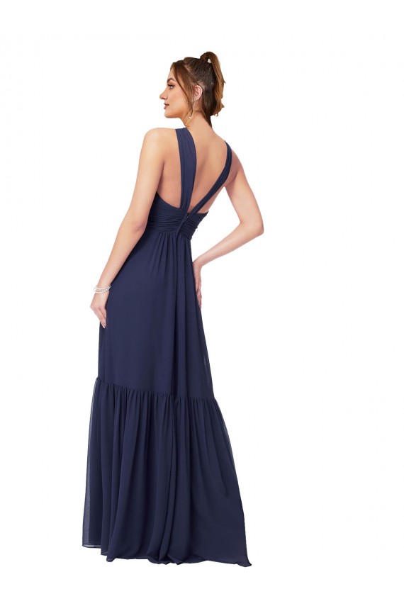 Online Azul marina oscuro línea A Cuello en V Gasa Largo Vestidos de dama de honor