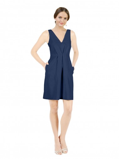 Online Azul marina oscuro línea A Cuello en V Satén Corto Vestidos de dama de honor / Vestidos de cóctel