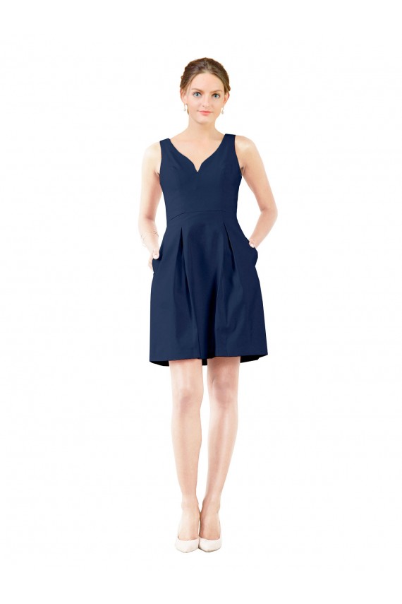 Online Azul marina oscuro línea A Cuello en V Satén Corto Vestidos de dama de honor / Vestidos de cóctel