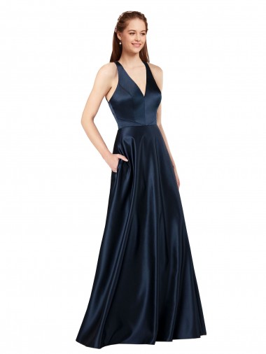 Online Azul marina oscuro línea A Cuello en V Satén Largo Formales Vestidos de dama de honor / Vestidos de fiesta