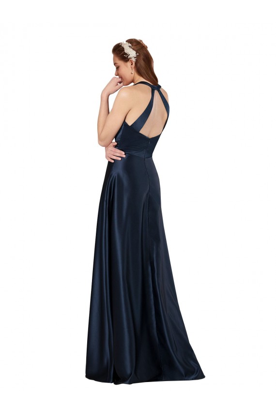 Online Azul marina oscuro línea A Cuello en V Satén Largo Formales Vestidos de dama de honor / Vestidos de fiesta
