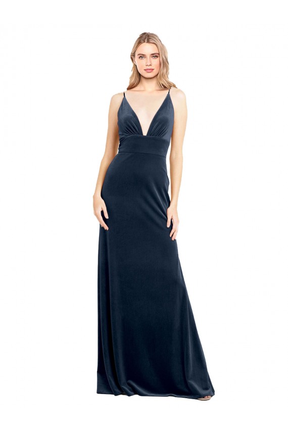 Online Azul marina oscuro línea A Cuello en V Terciopelo Elástico Largo Vestidos de dama de honor / Vestidos de fiesta