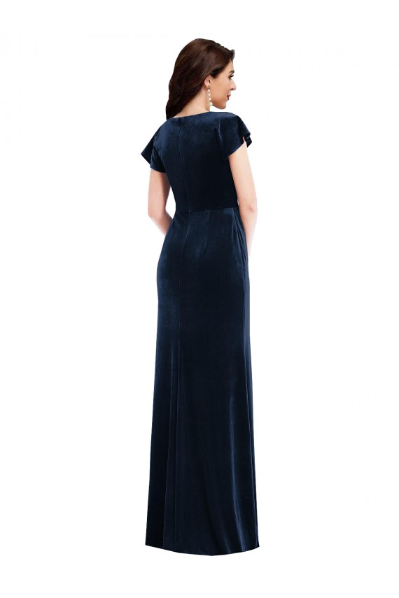 Online Azul marina oscuro línea A Cuello en V Terciopelo Elástico Largo Formales Vestidos de dama de honor / Vestidos de fiesta