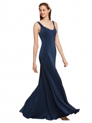Online Azul marina oscuro línea A Cuello redondo Crepé Elástico Largo Formales Vestidos de dama de honor / Vestidos de fiesta