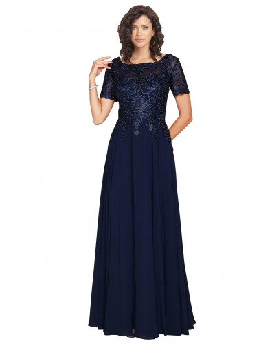 Online Azul marina oscuro línea A Cuello redondo Gasa Largo Vestidos de dama de honor / Vestidos de fiesta