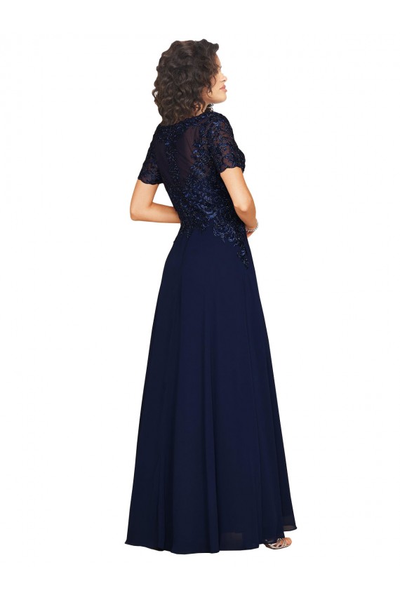 Online Azul marina oscuro línea A Cuello redondo Gasa Largo Vestidos de dama de honor / Vestidos de fiesta