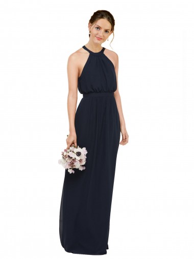 Online Azul marina oscuro línea A Halter Cuello Alto Gasa Largo Vestidos de dama de honor